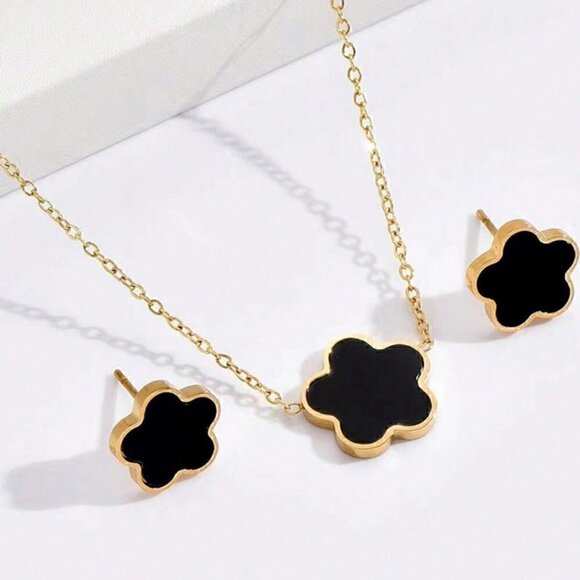 . Jewelry - Floral Necklace Earrings Gold Tone Titanium Steel set - black
